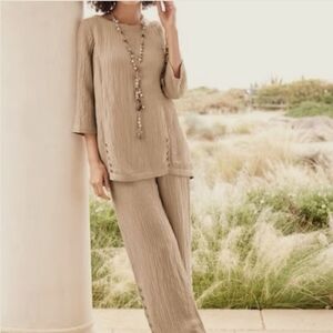 Soft Surroundings Tan Pantsuit with Relaxed Wide-Leg Silhouette